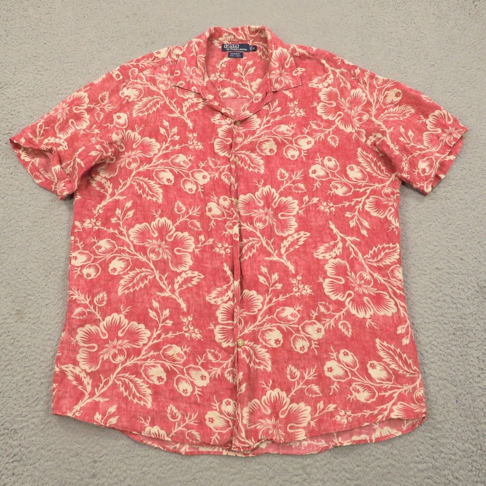 VTG Polo Ralph Lauren Shirt Men Medium Bonnard Linen Floral Pink Red Camp Collar